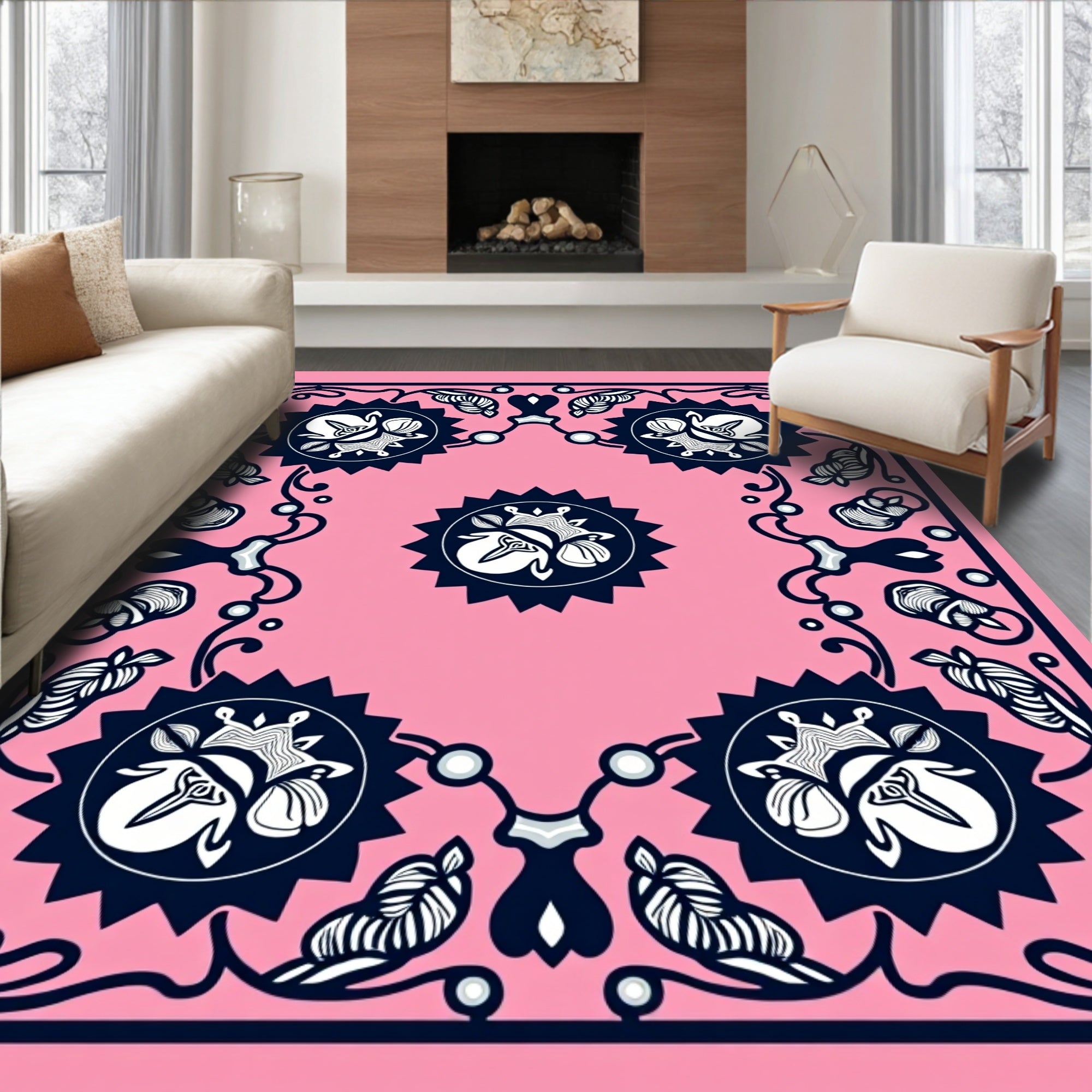 Pink Navy Floral Starburst Tapestry Rug