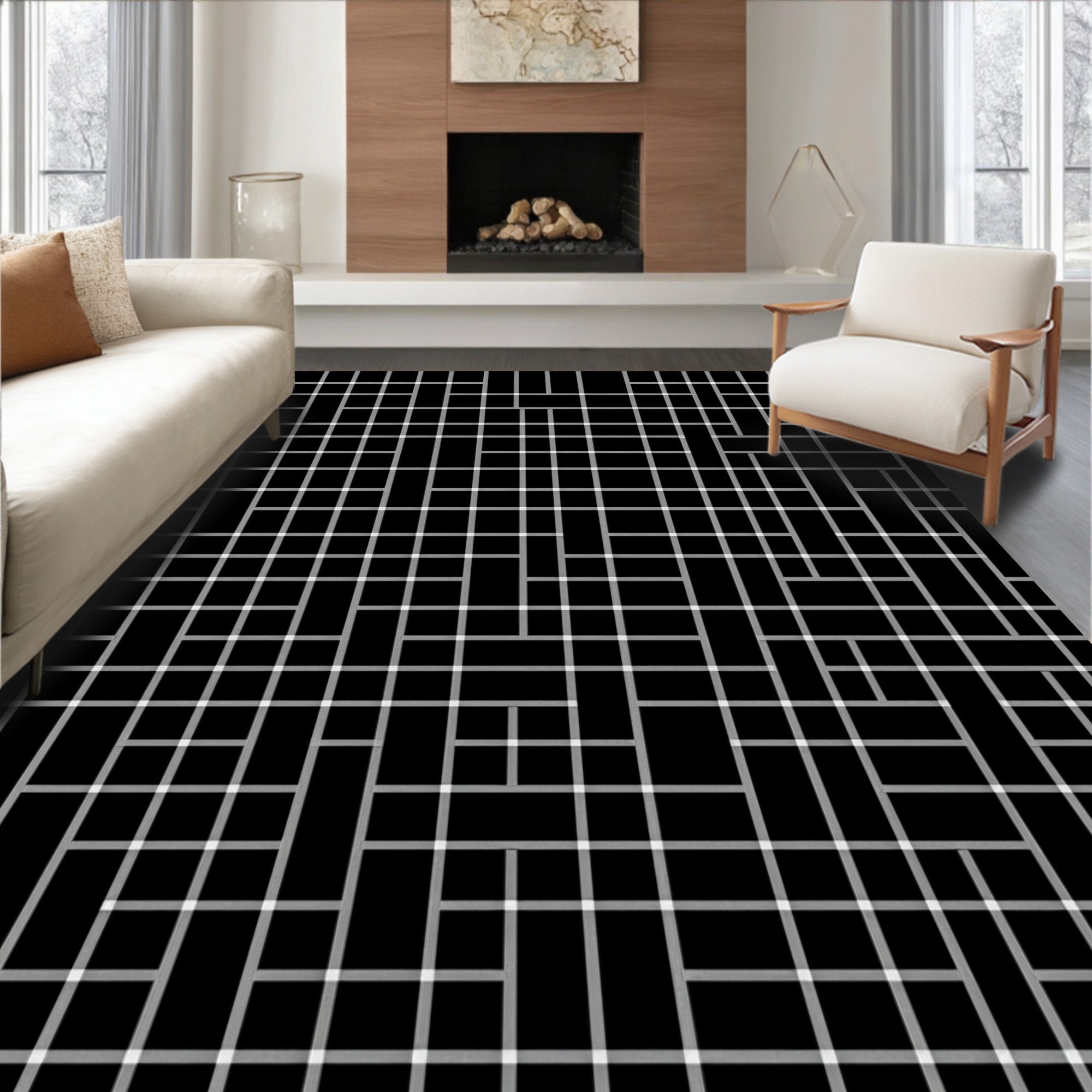 Black White Geometric Rectangles Grid Rug