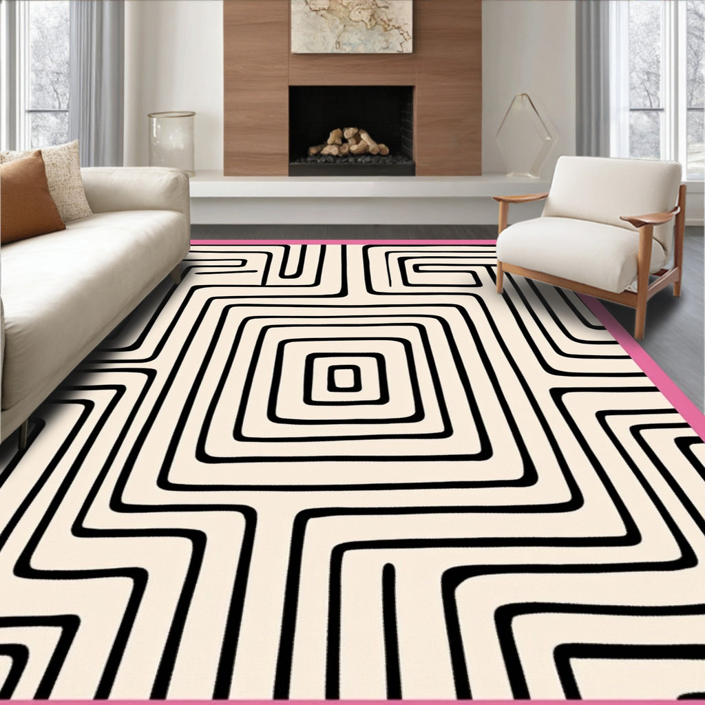 Abstract Black Cream Maze Lines Rug