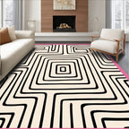 Abstract Black Cream Maze Lines Rug