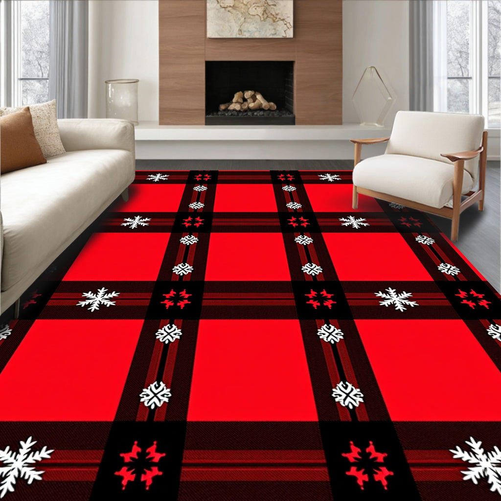Red Black Plaid Snowflake Accents Rug