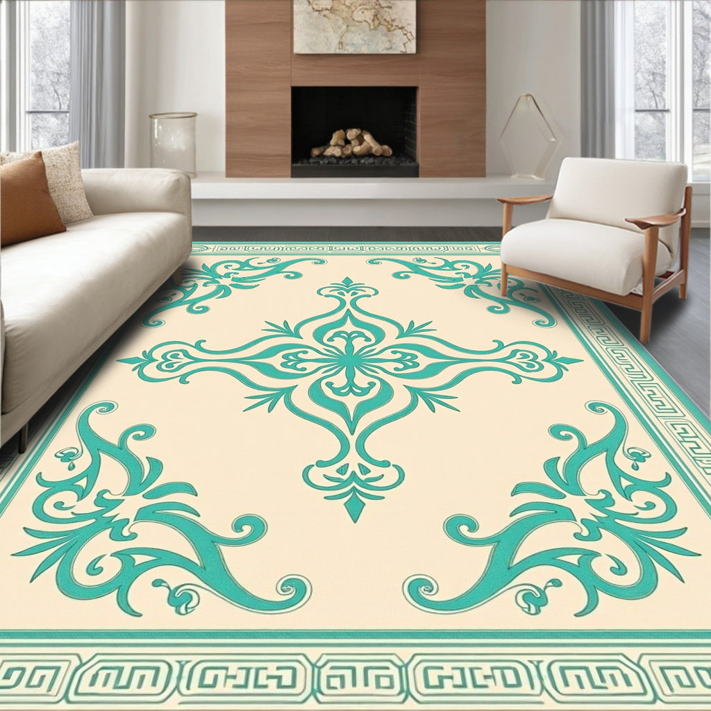 Cream Teal Classic Scroll Border Rug