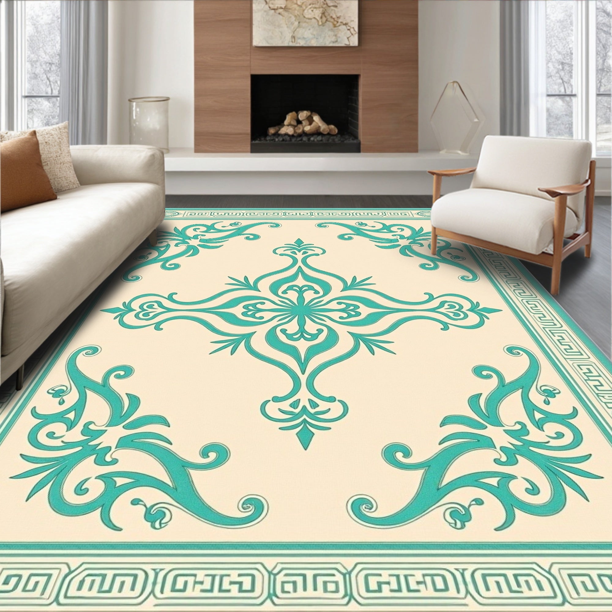 Cream Teal Classic Scroll Border Rug