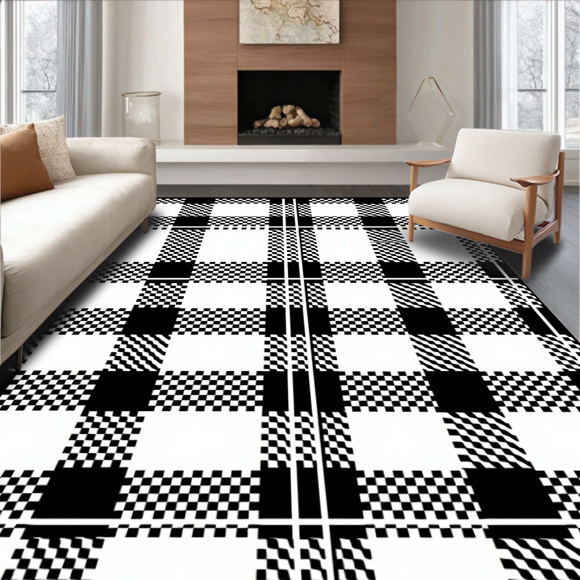 Black White Gingham Checkered Plaid Rug