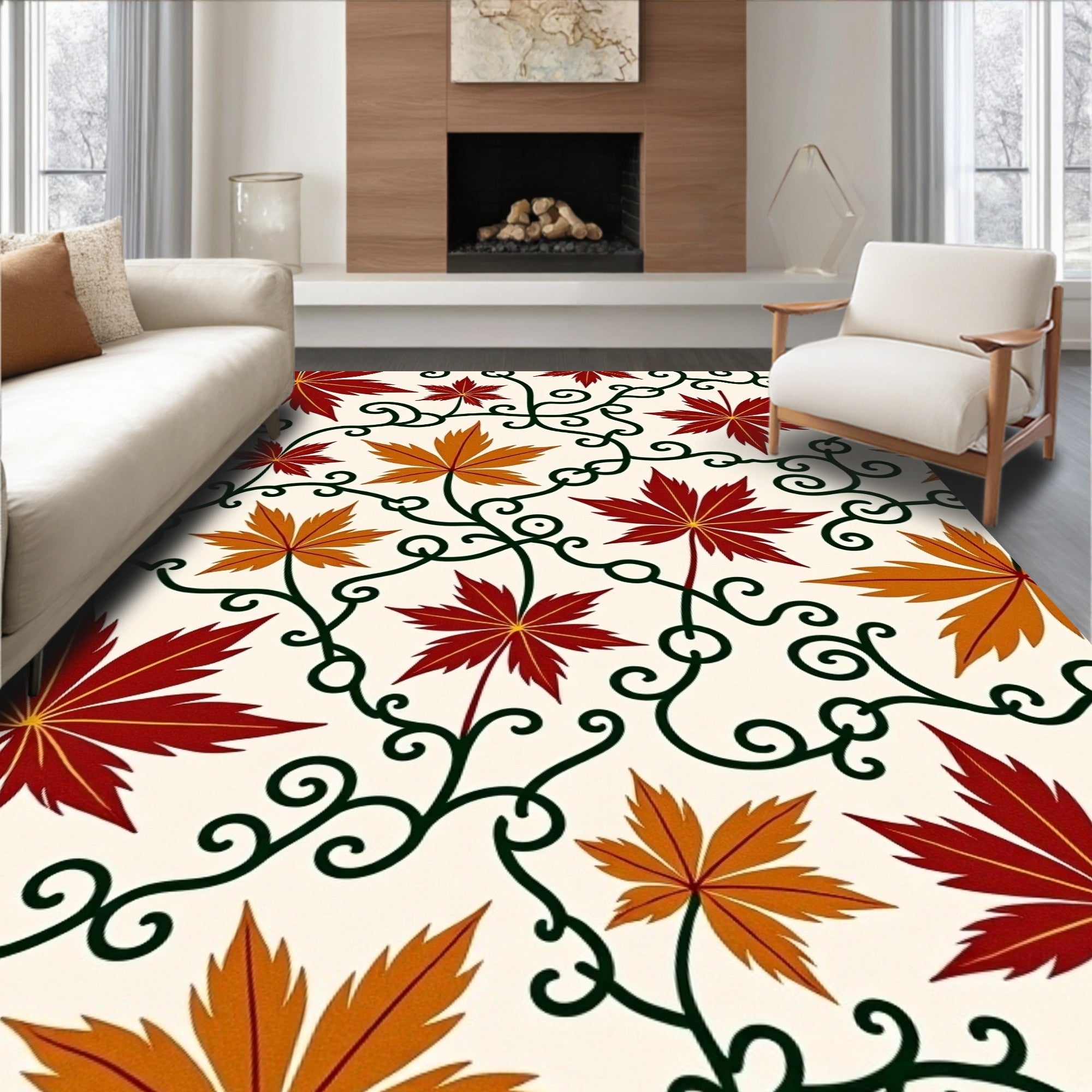 Red Orange Maple Leaf Swirls Rug