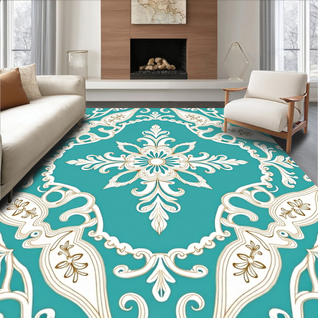Aqua White Golden Acanthus Scroll Rug