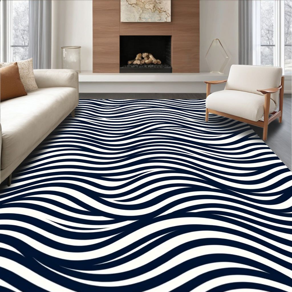 Classic Navy White Wavy Stripes Rug