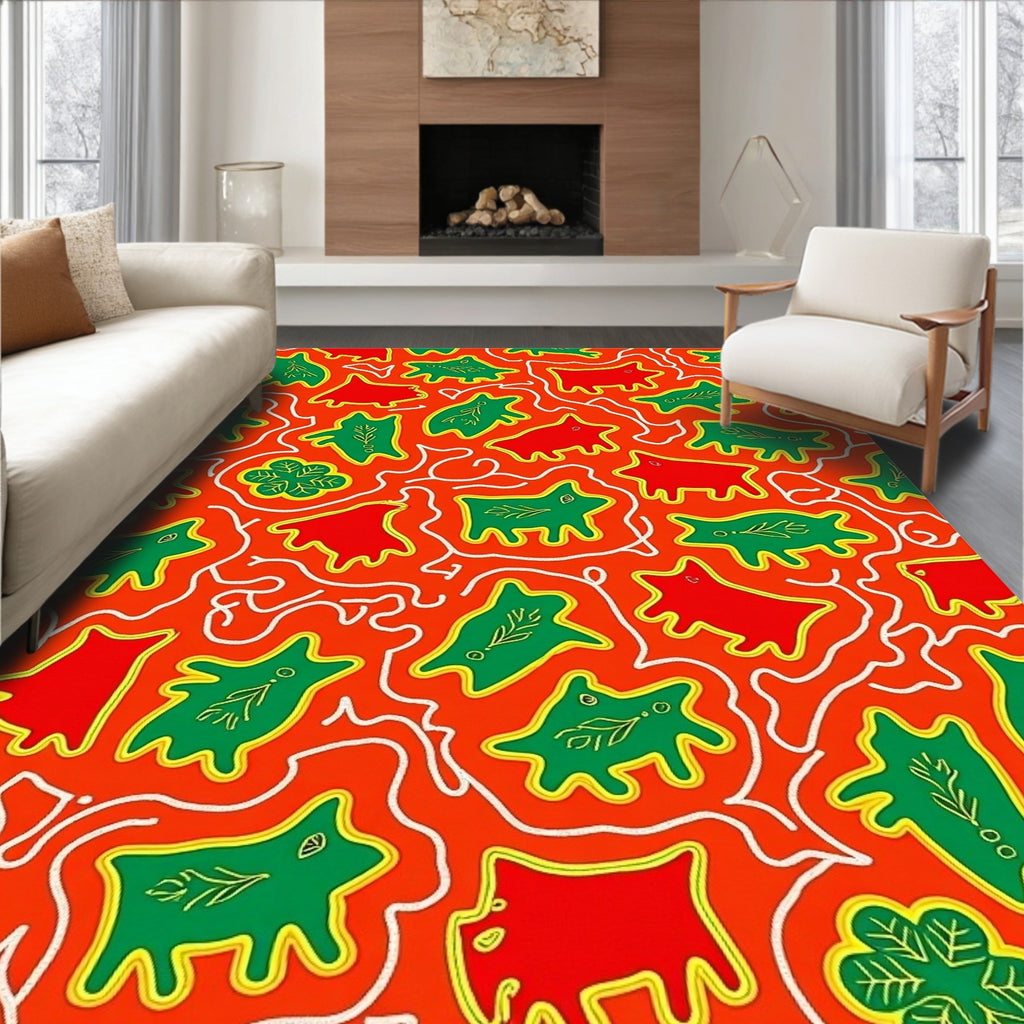 Crimson Red Green Animal Play Rug