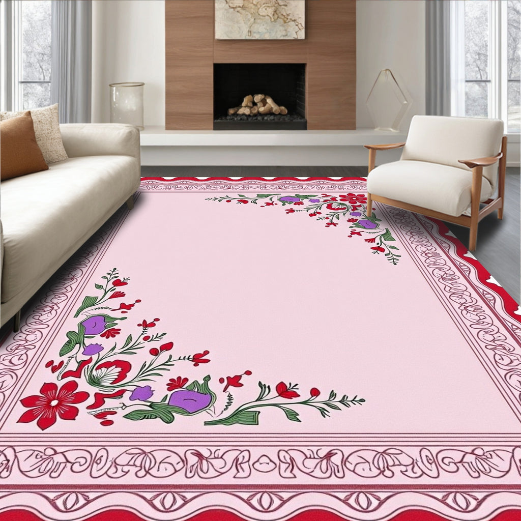 Red Floral Border Pink Background Rug