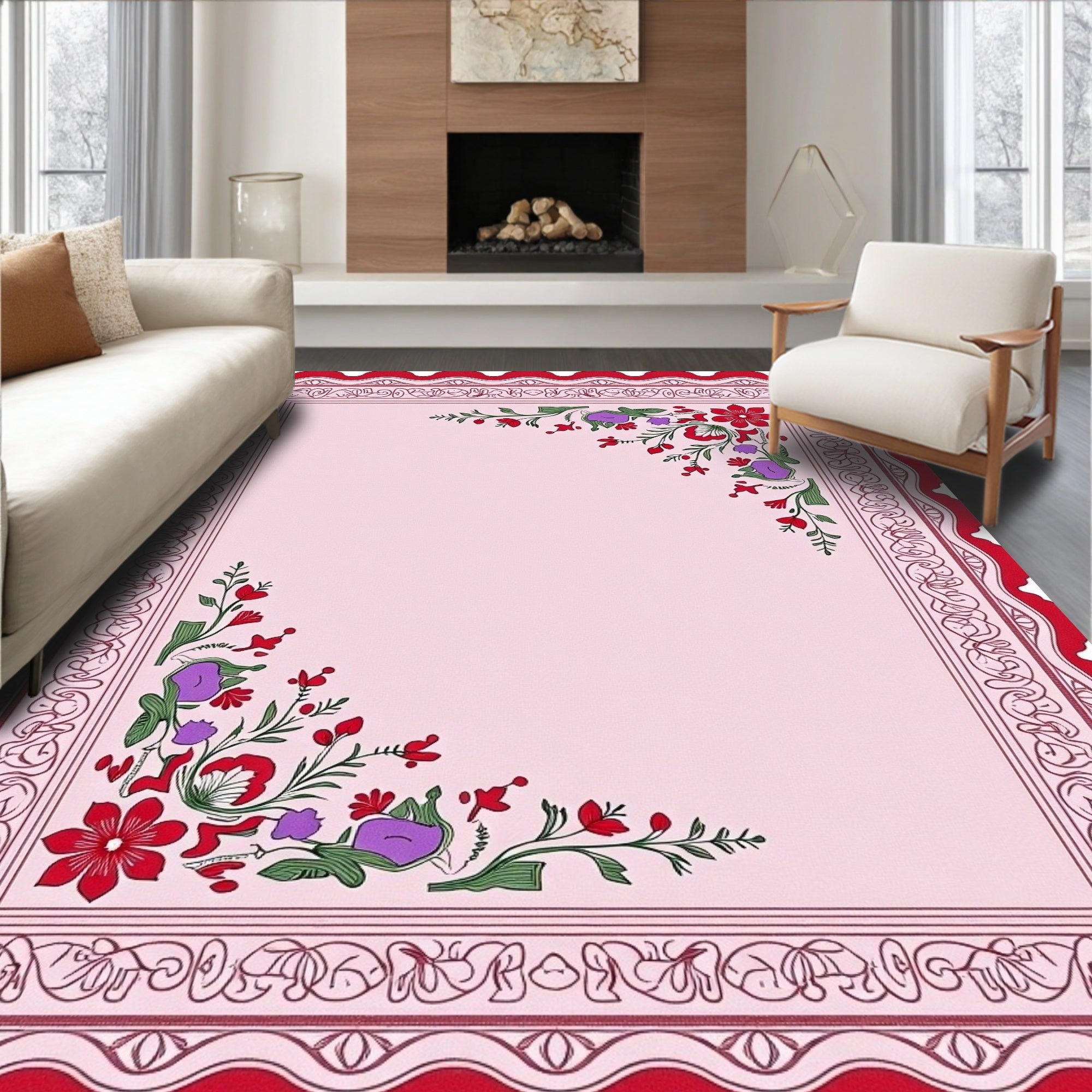 Red Floral Border Pink Background Rug