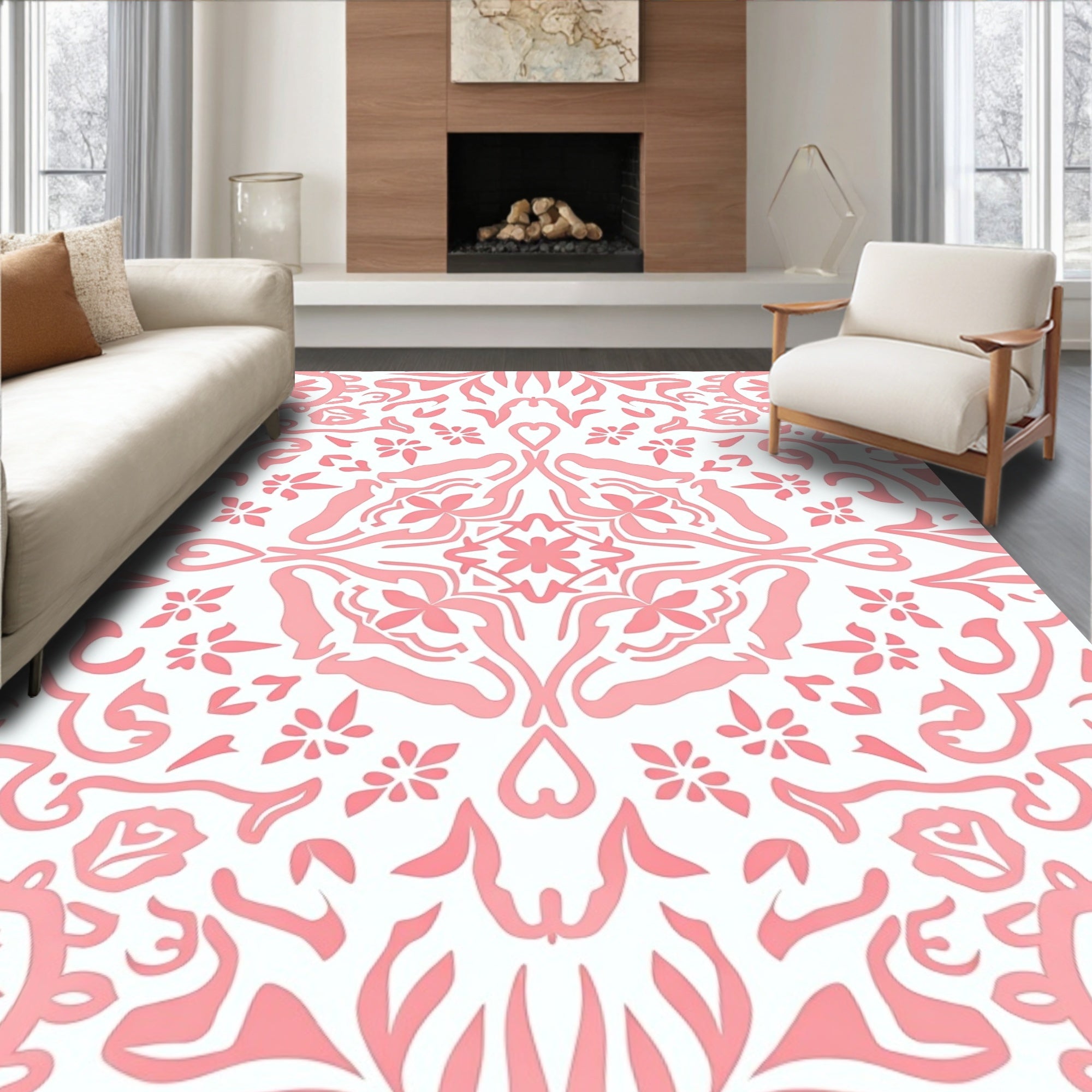 Sweet Pink Floral Scroll Medallion Rug