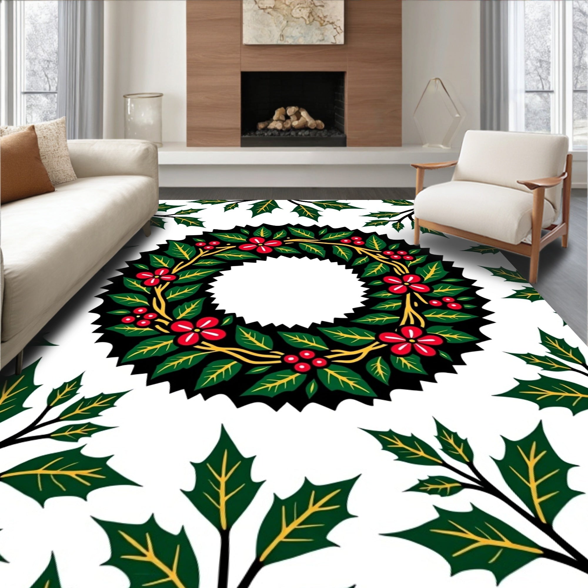Festive Holly Berry Wreath Arrangement Rug
