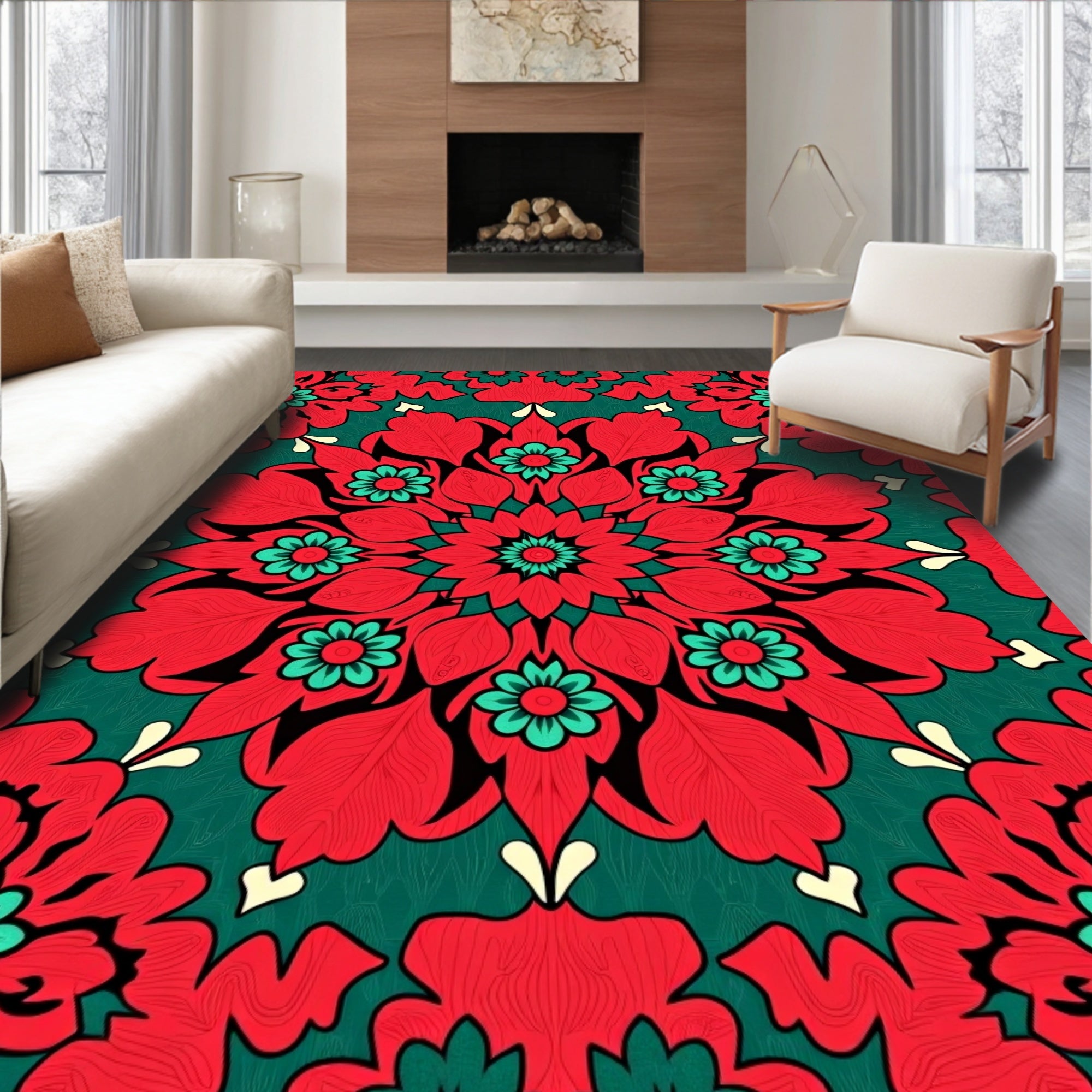 Crimson Teal Mandala Floral Radiance Rug