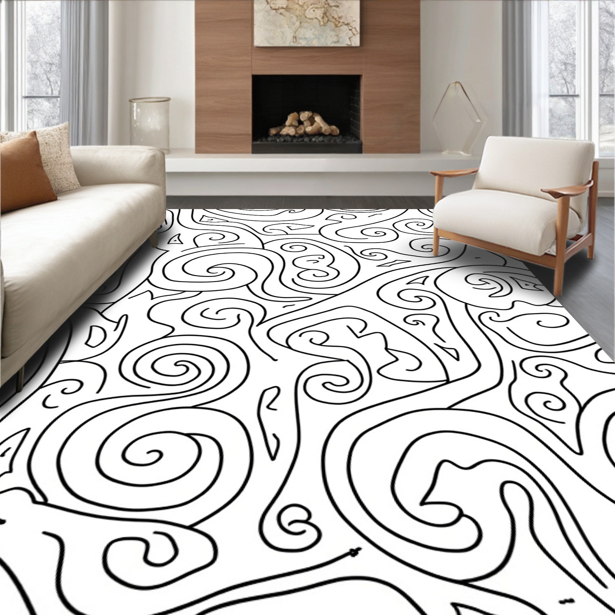 Black White Abstract Swirls Rug