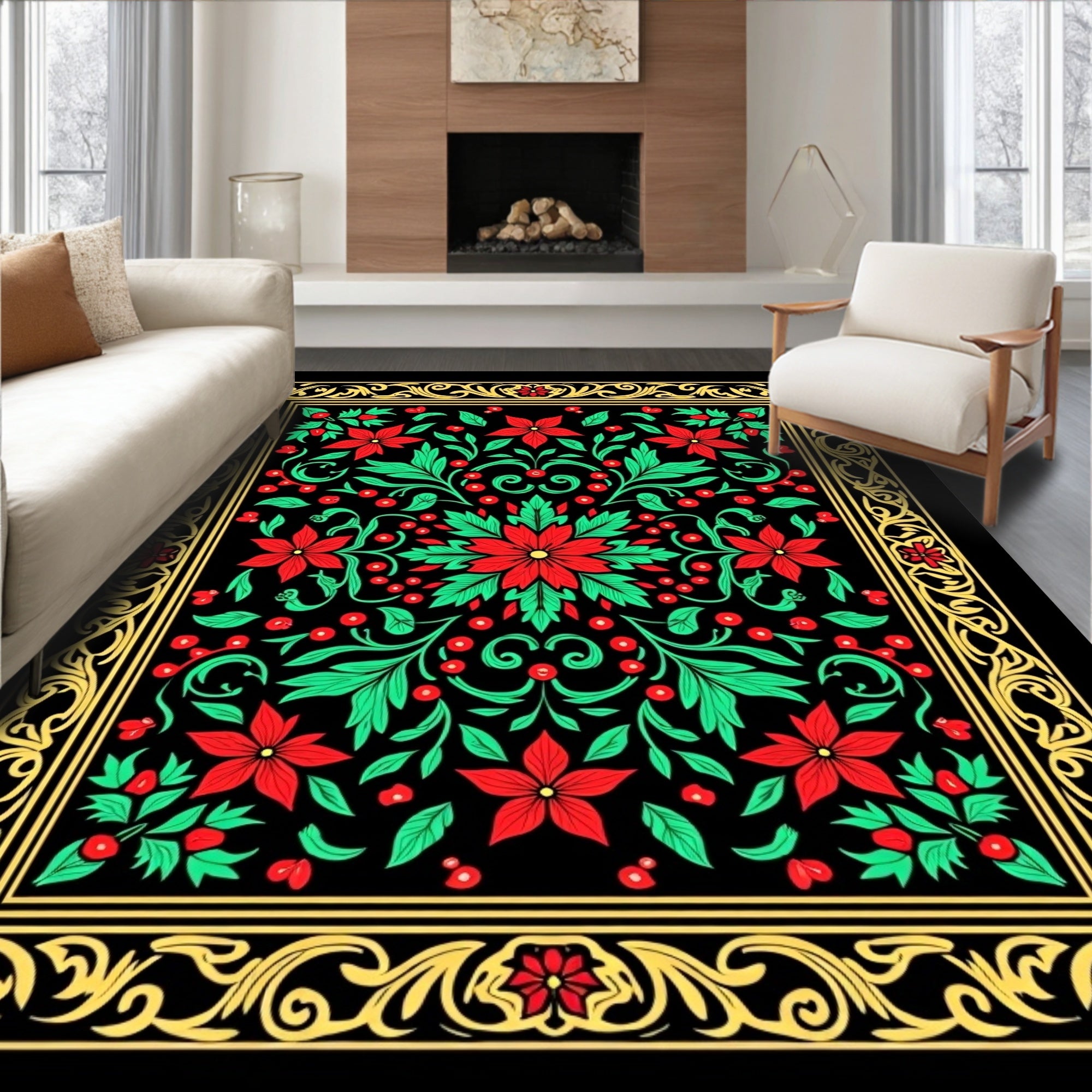 Red Green Floral Botanical Ornament Rug