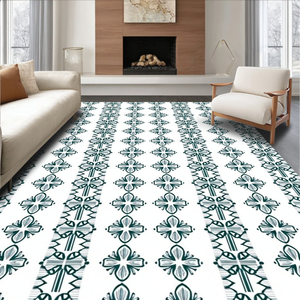 Deep Green Vertical Floral Stripe Rug