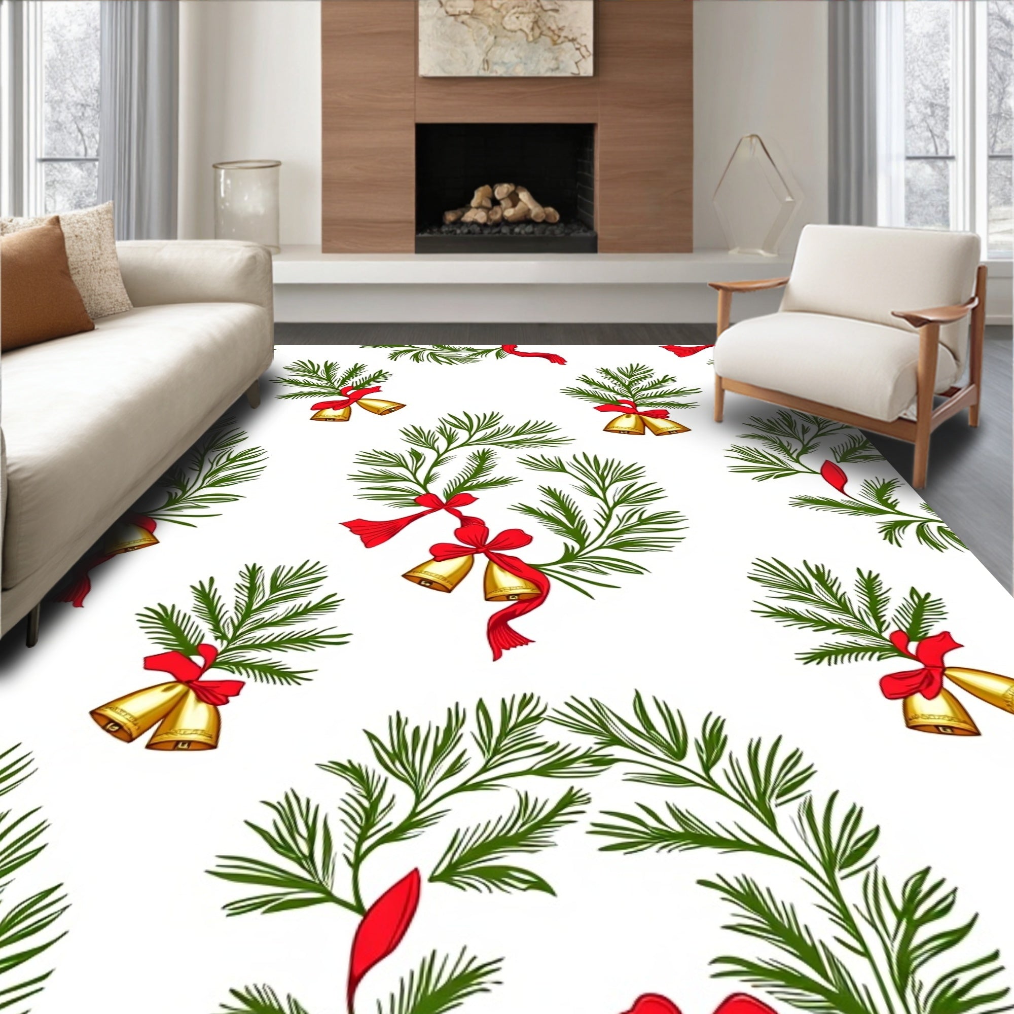 Golden Bells Pine Sprigs Red Ribbon Rug
