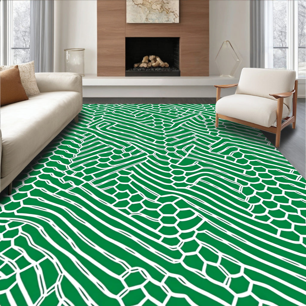 Deep Green Interlocking Hexagonal Waves Rug