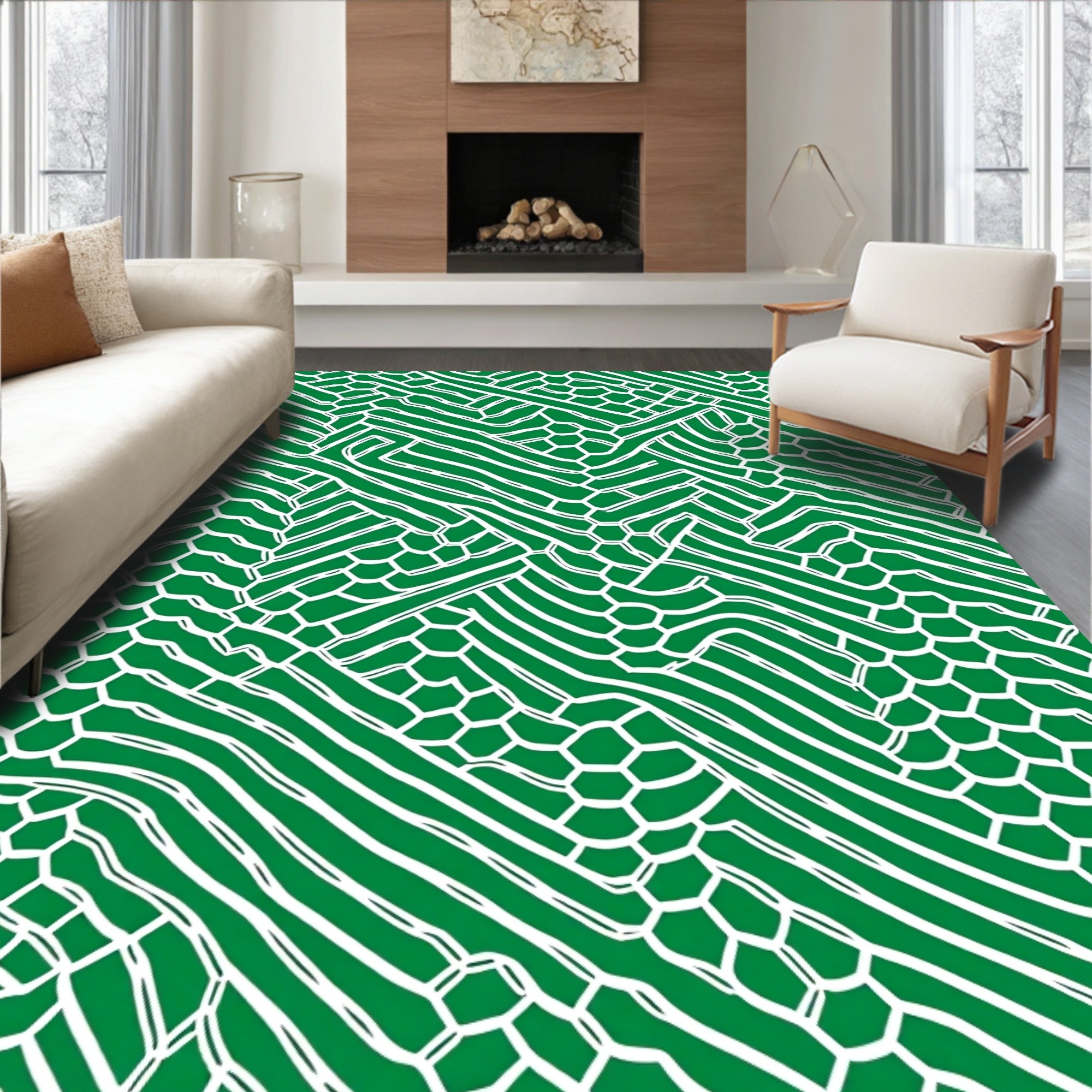 Deep Green Interlocking Hexagonal Waves Rug