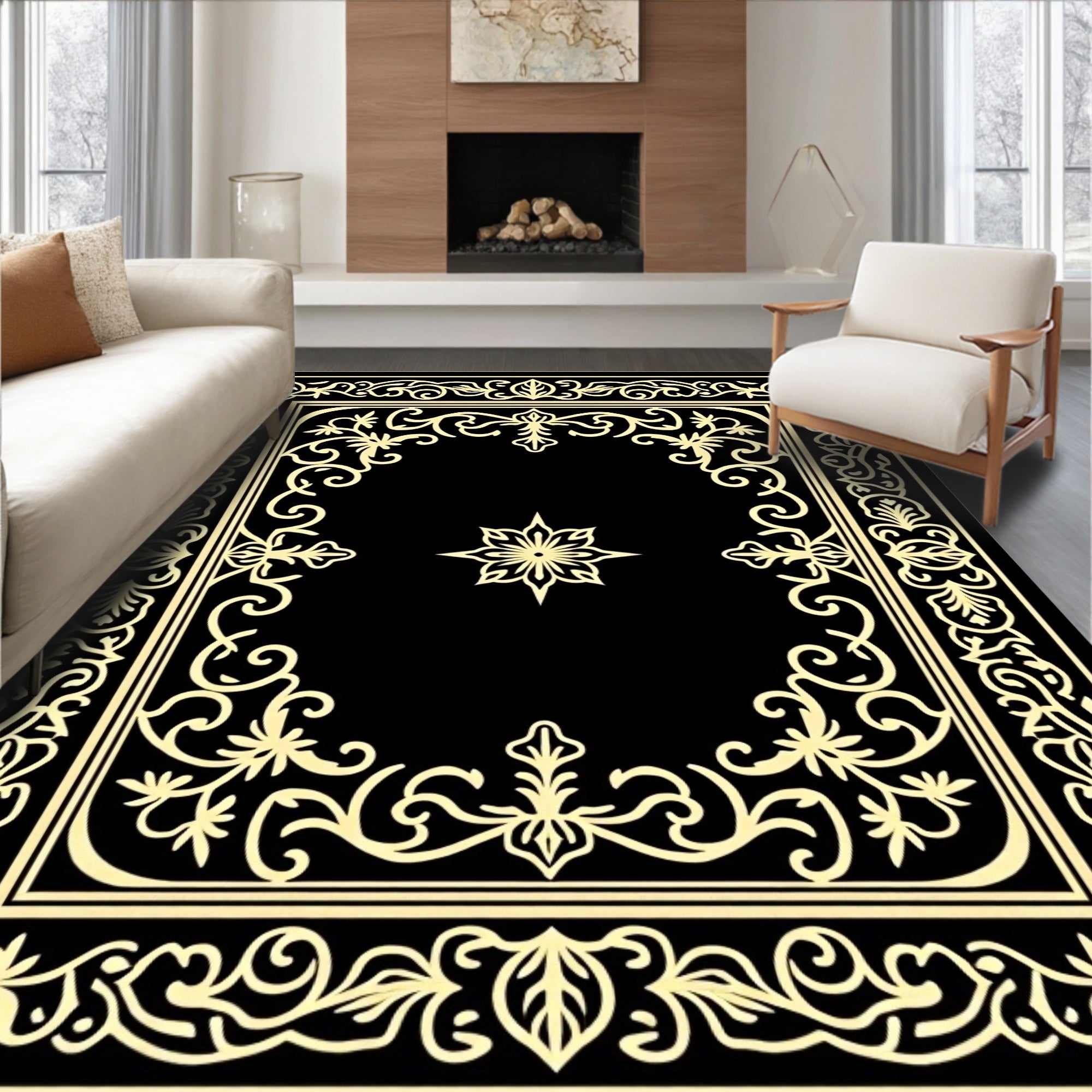 Ornate Golden Floral Frame Medallion Rug