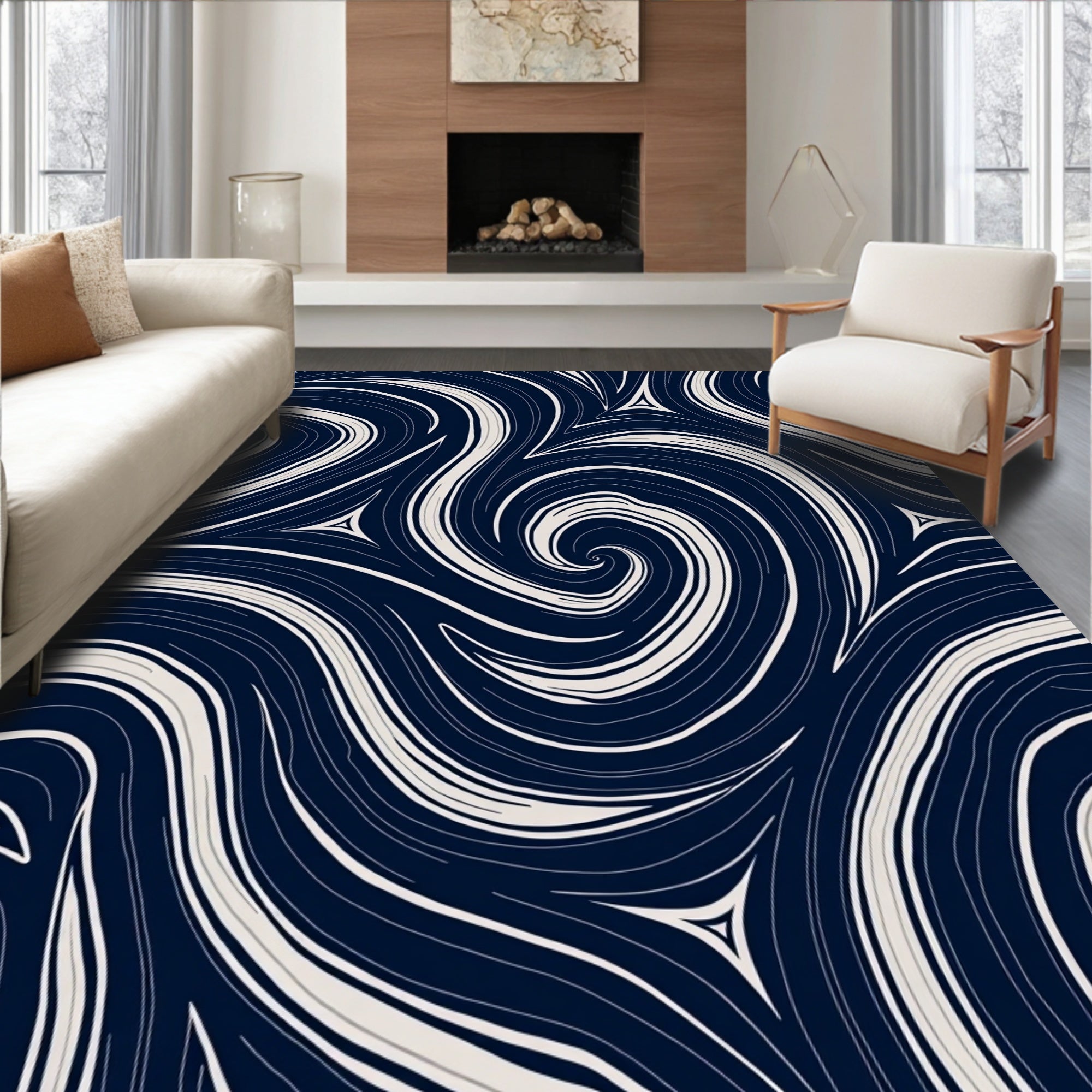 Fluid Navy Cream Swirls Rug