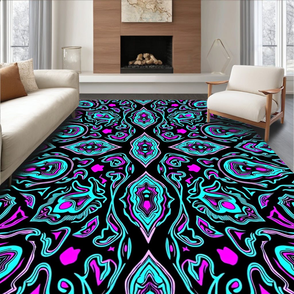 Vibrant Teal Pink Abstract Kaleidoscope Rug