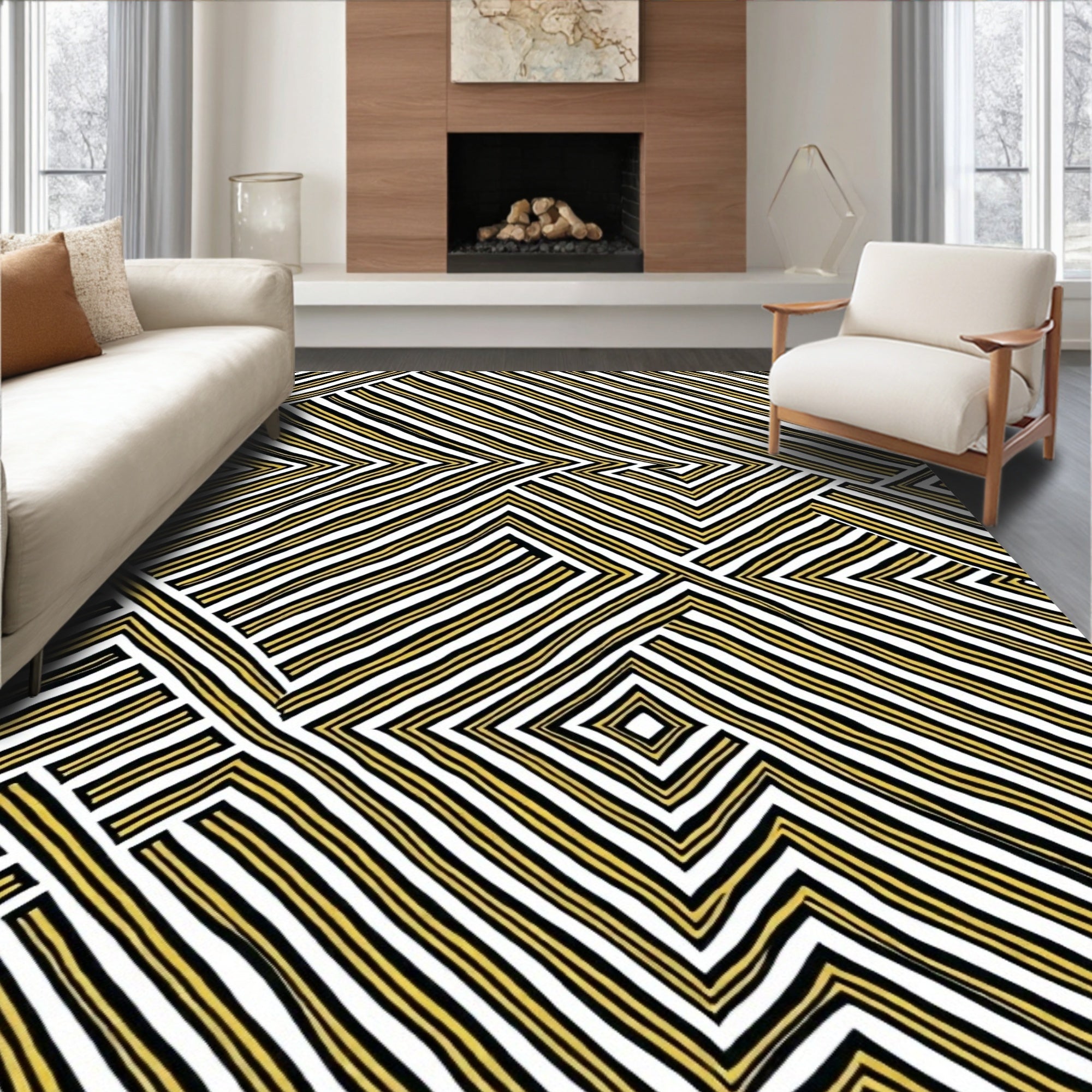 Striped Gold Geometric Labyrinth Rug