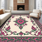 Ornate Pink Green Floral Medallion Border Rug