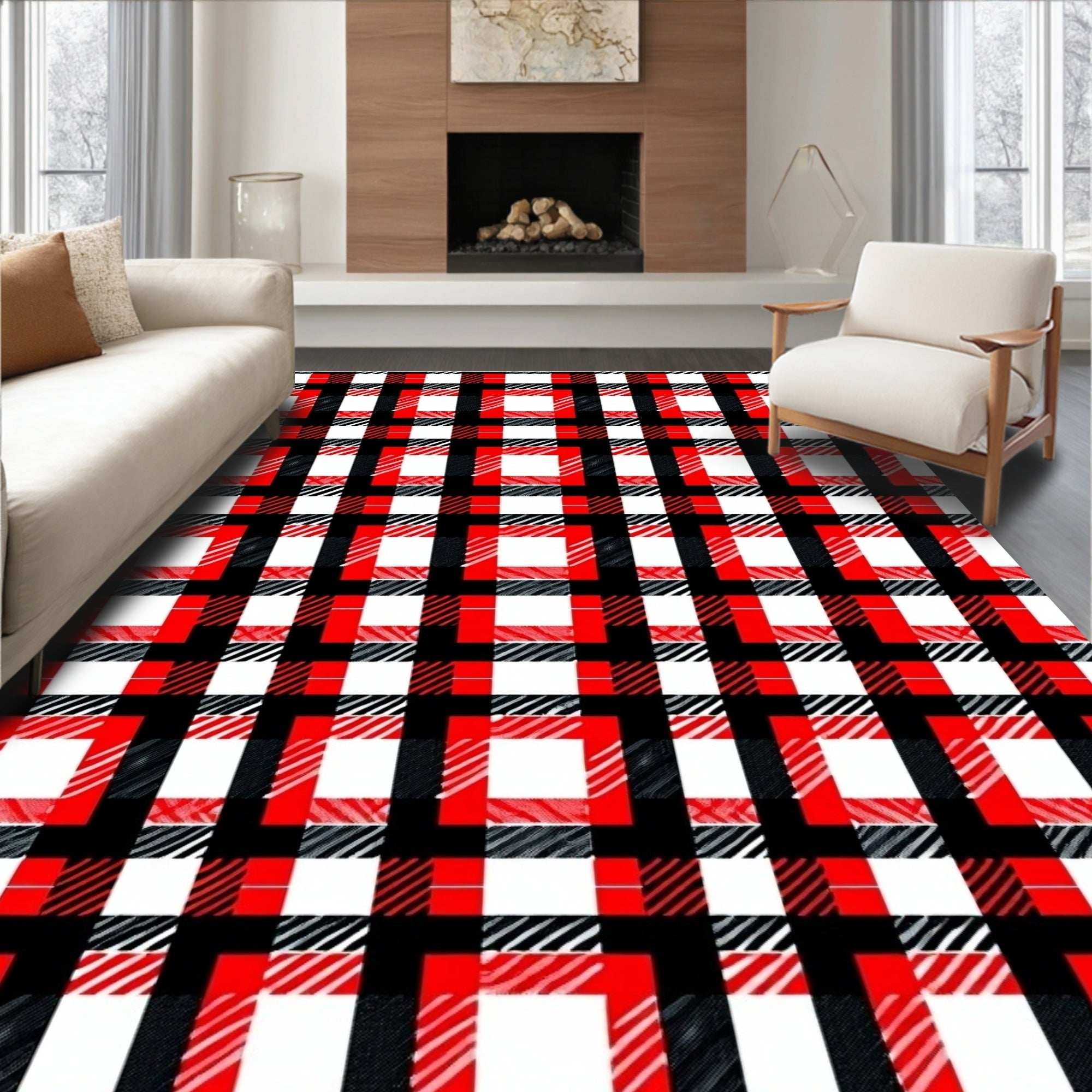 Red black white plaid squares Rug