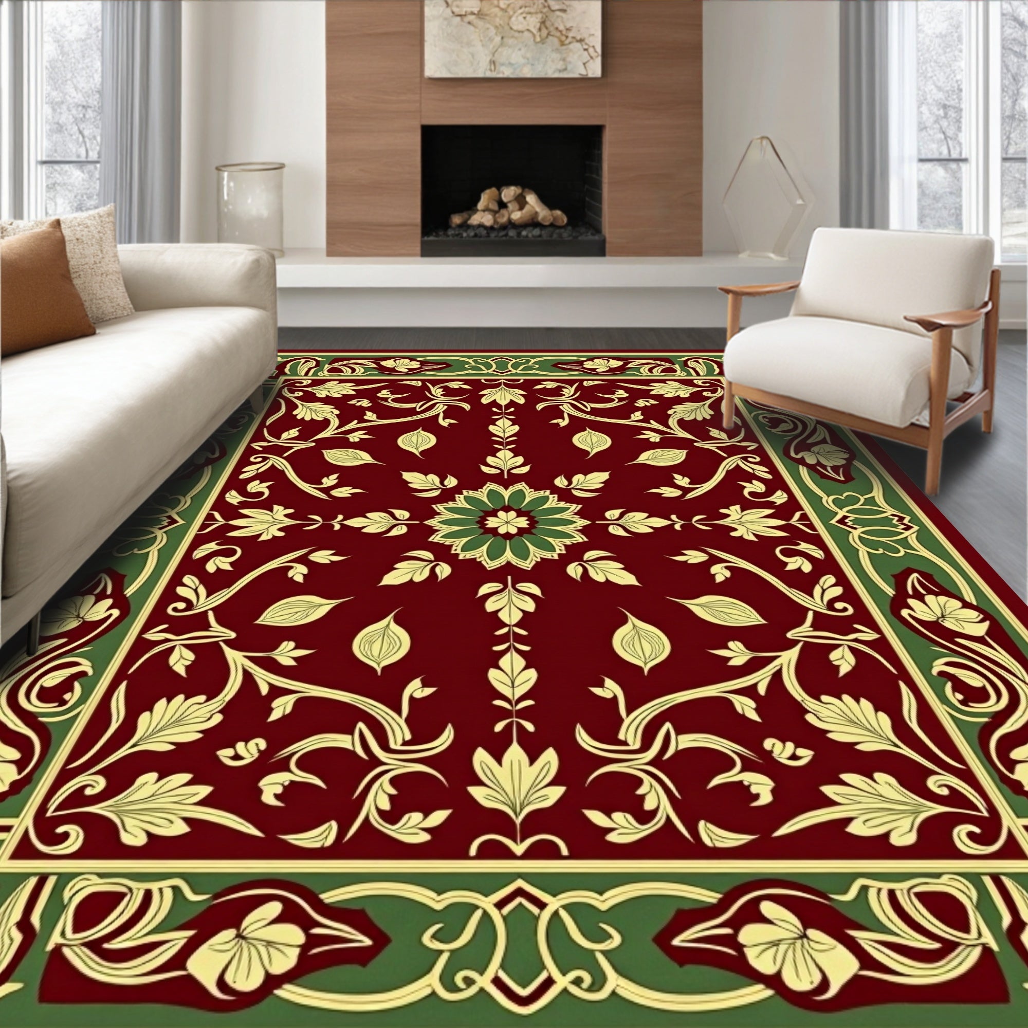 Garnet Green Floral Vine Medallion Rug