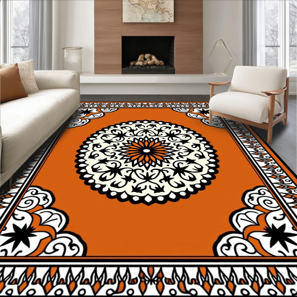 Orange Black White Mandala Border Area Rug