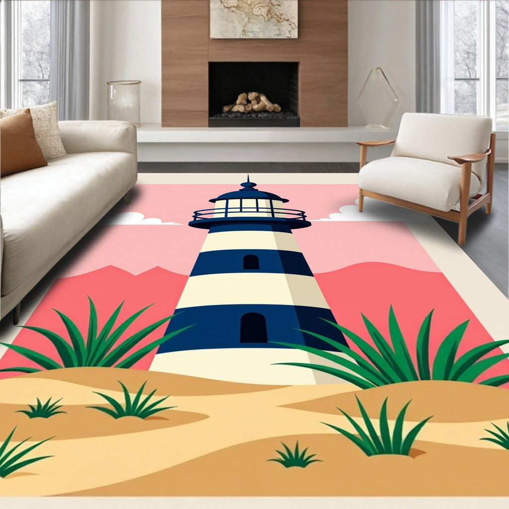 Coastal Lighthouse Sunset Scene Rug