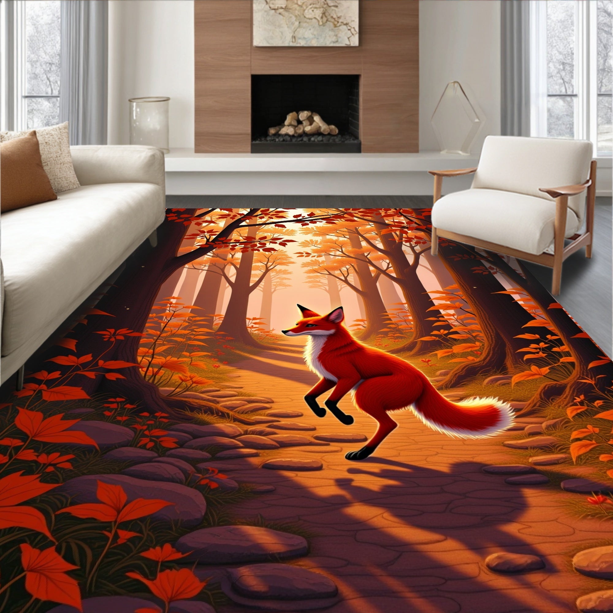 Orange Fox Autumn Forest Path Rug