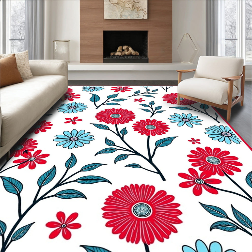 Red Blue Daisy Floral Branches Rug