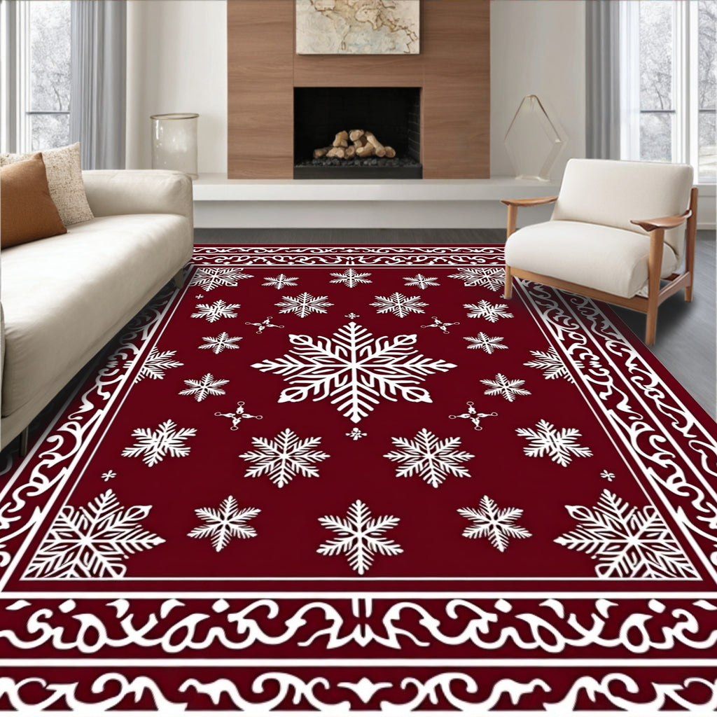 Crimson Red Snowflake Winter Border Rug