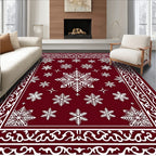 Crimson Red Snowflake Winter Border Rug