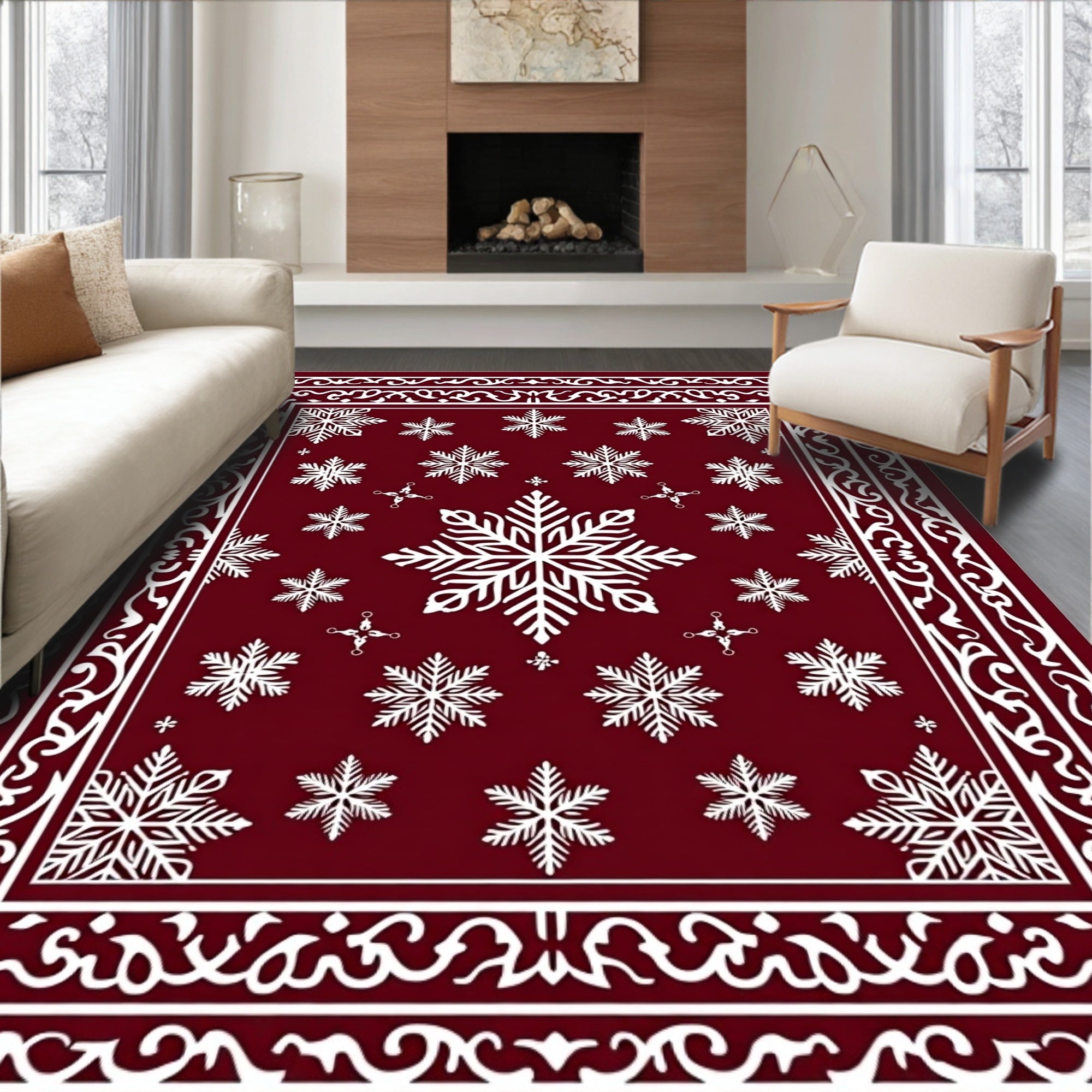 Crimson Red Snowflake Winter Border Rug