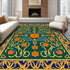 Emerald Green Floral Bird Border Rug