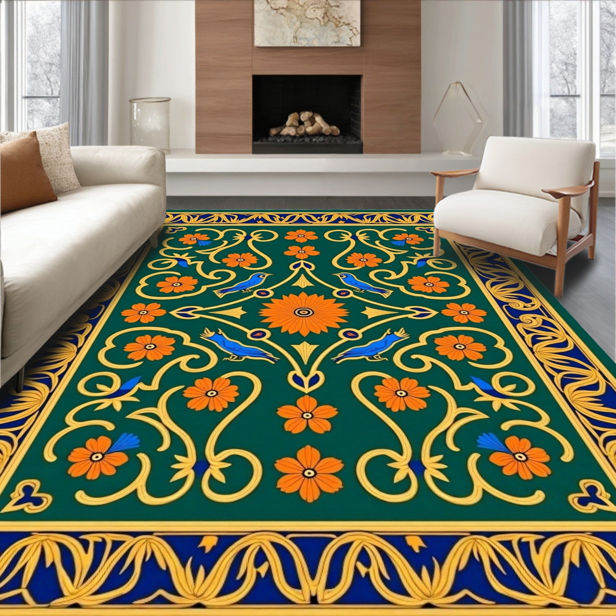 Emerald Green Floral Bird Border Rug