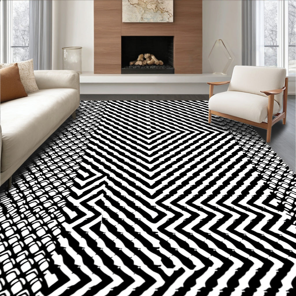 Sharp Black White Geometric Maze Rug