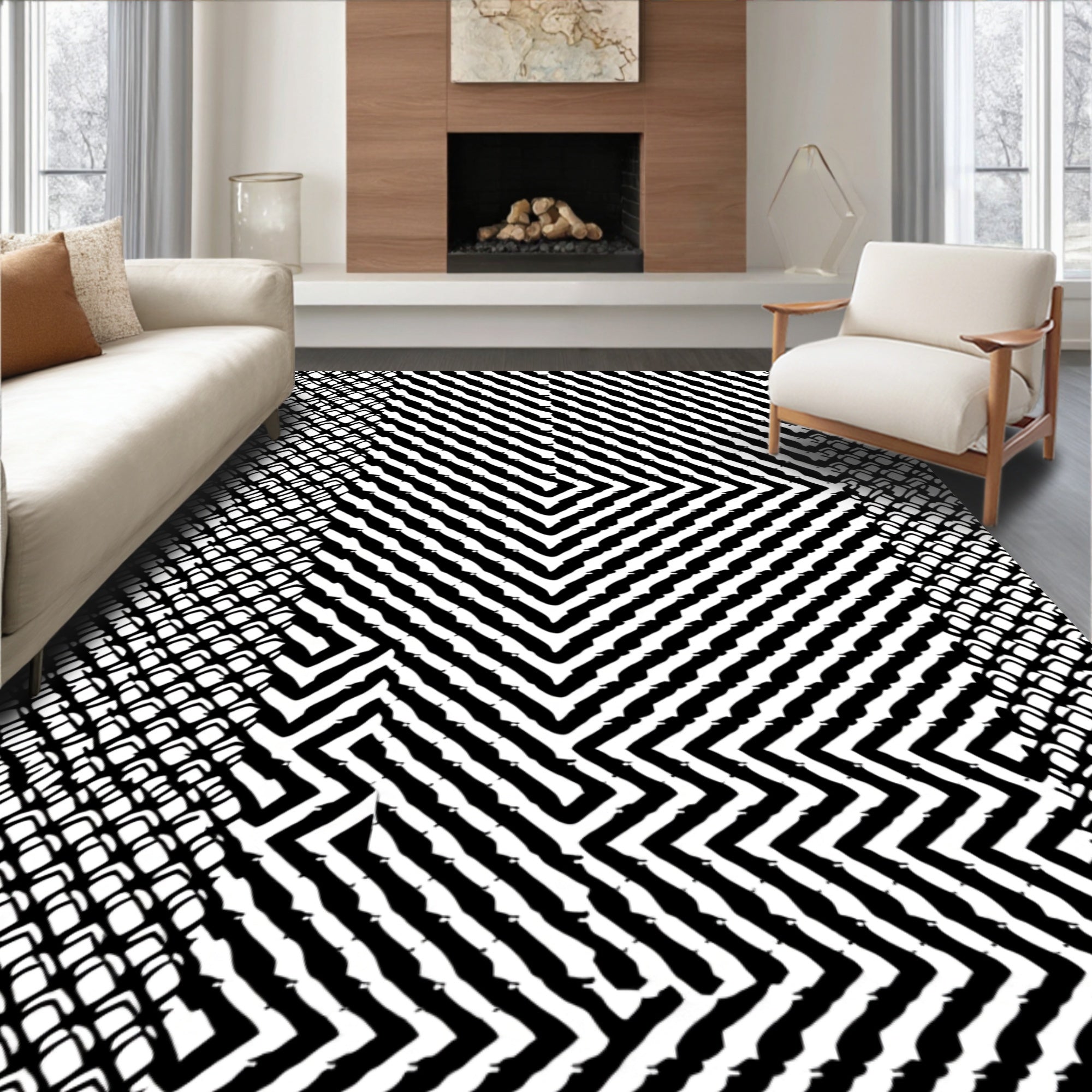 Sharp Black White Geometric Maze Rug