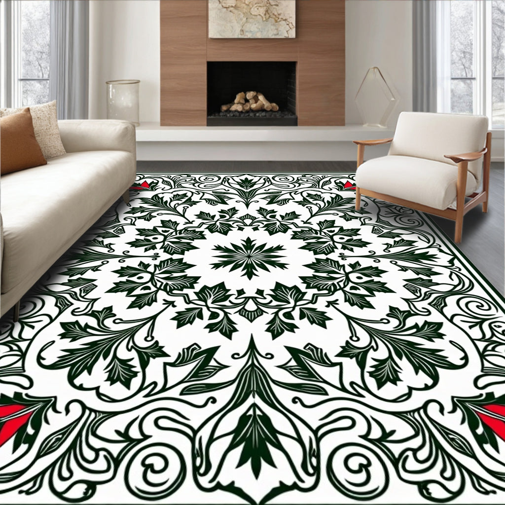 Deep Green Floral Symmetry Red Accents Rug