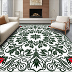 Deep Green Floral Symmetry Red Accents Rug