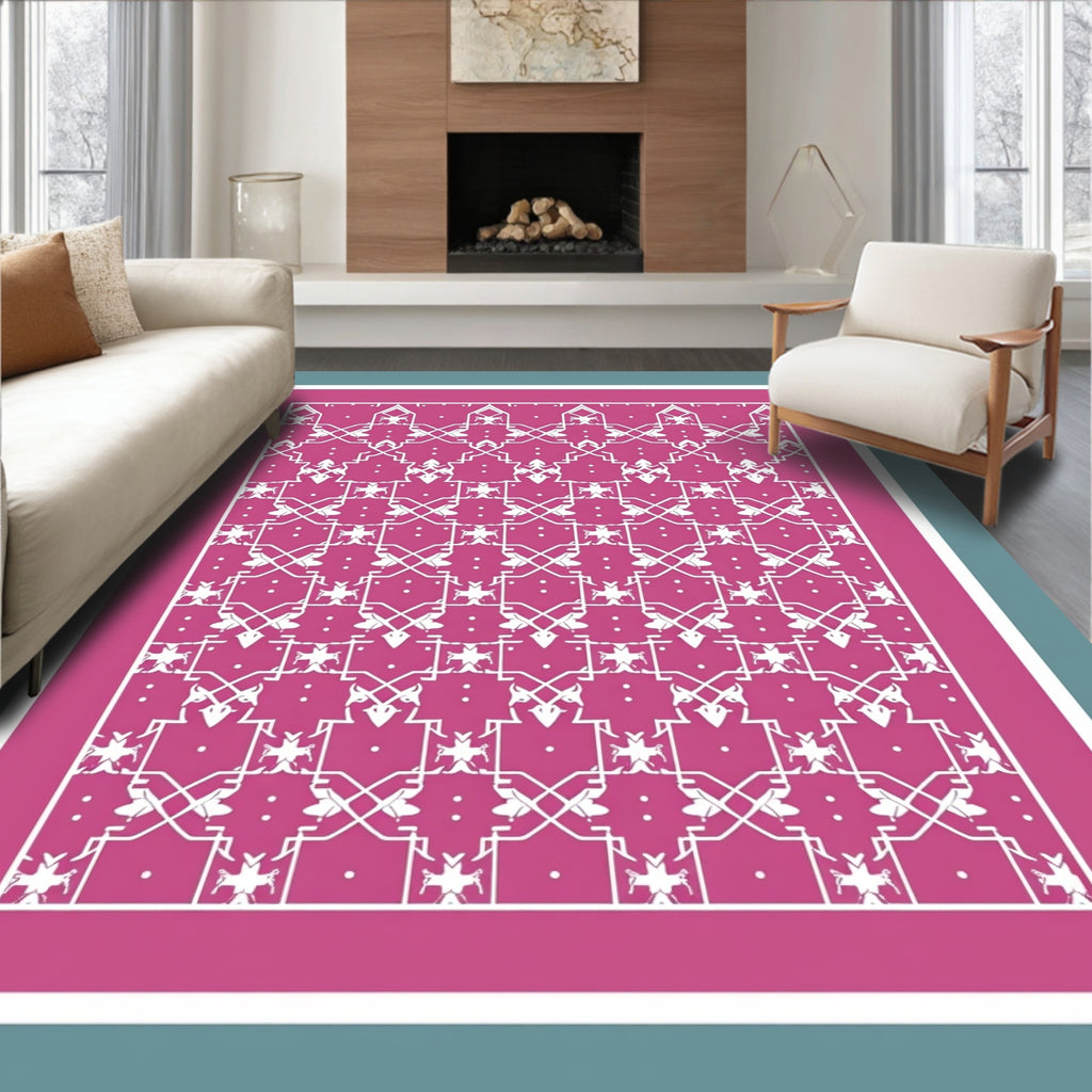 Vibrant Pink White Geometric Mandala Rug