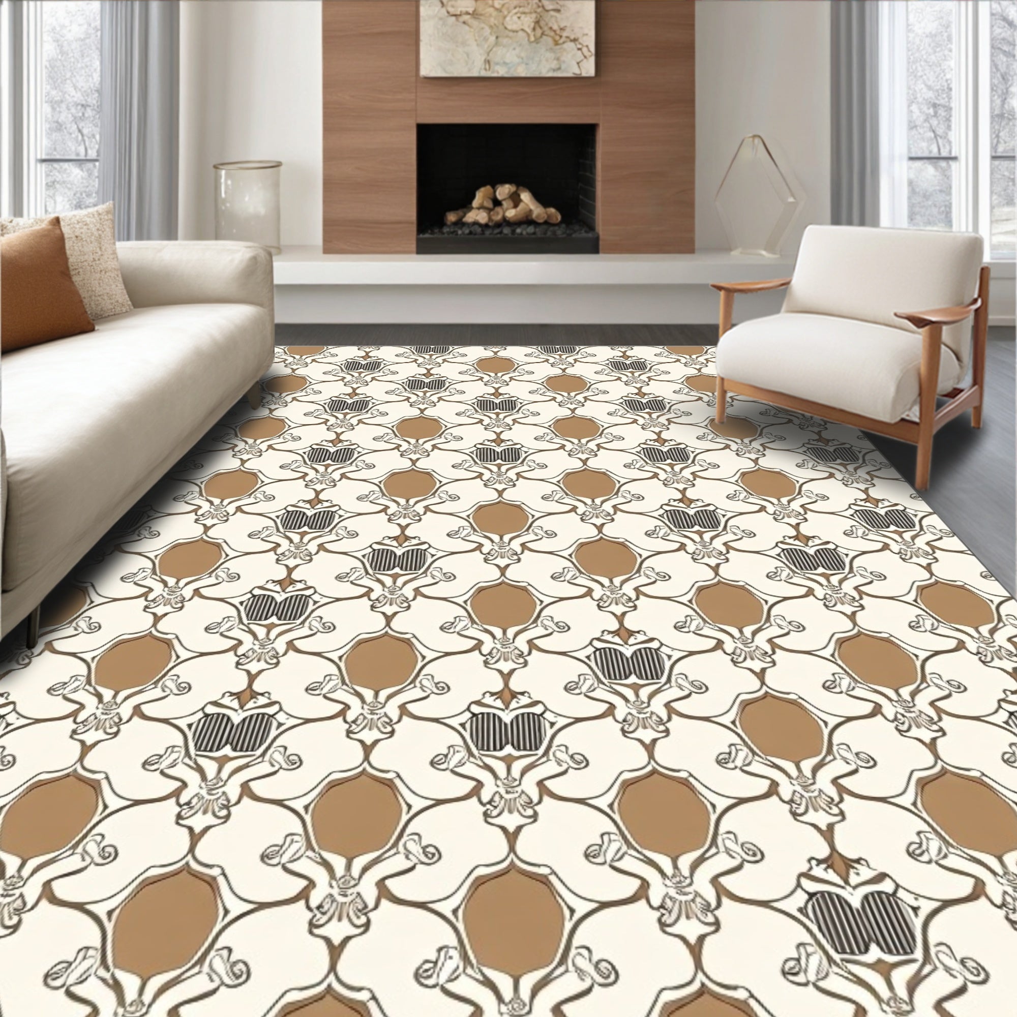 Antique Gold Beige Damask Scroll Rug