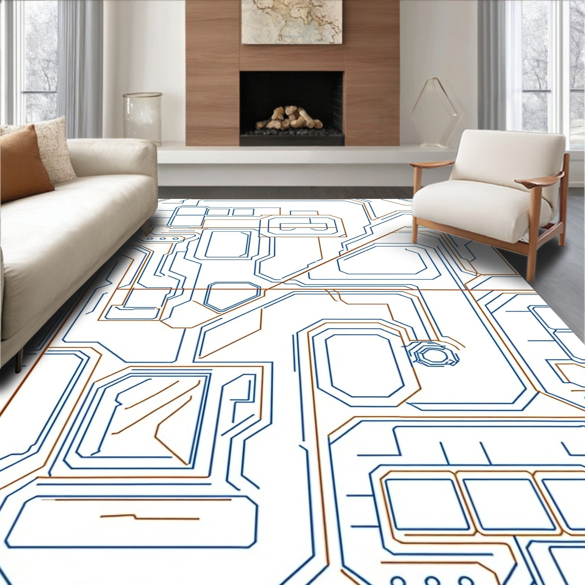 Blue Brown Tech Circuit Geometric Rug