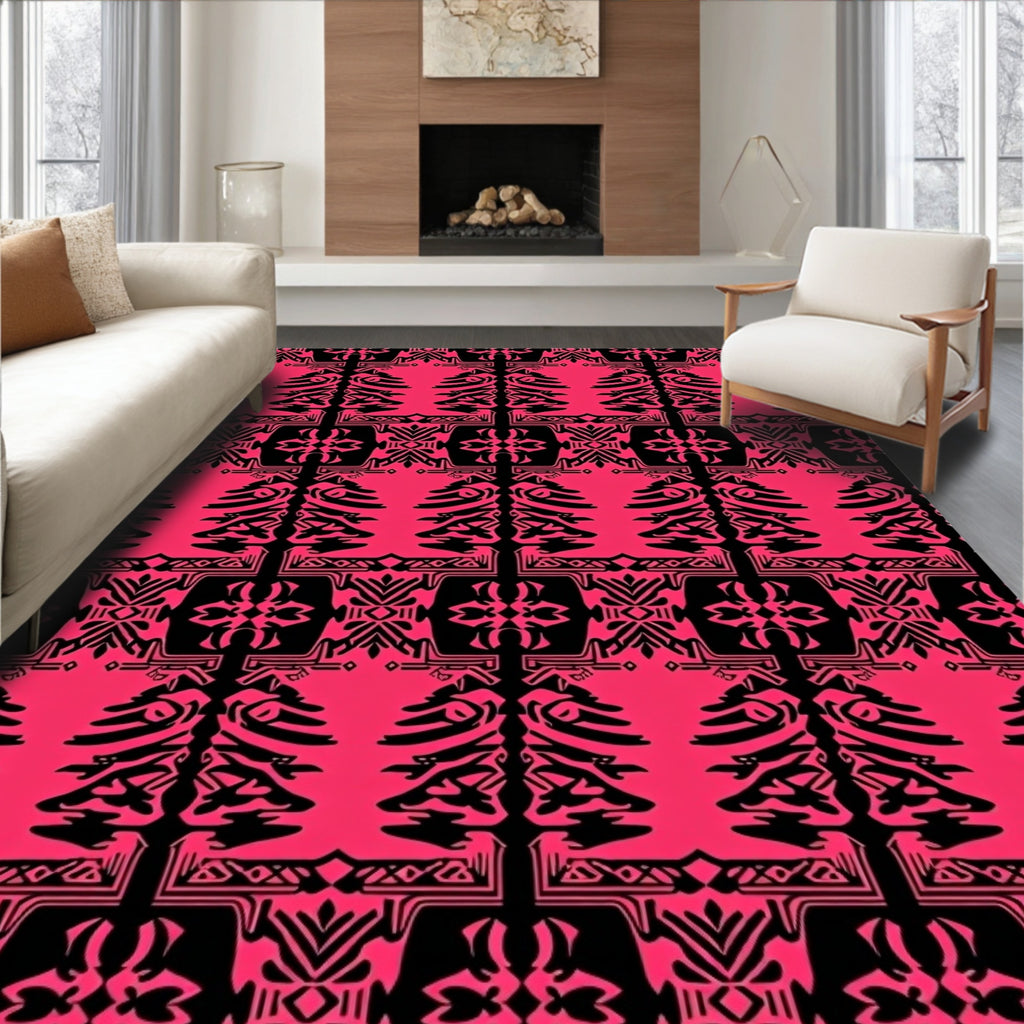 Bold Pink Black Tribal Tree Arrangement Rug