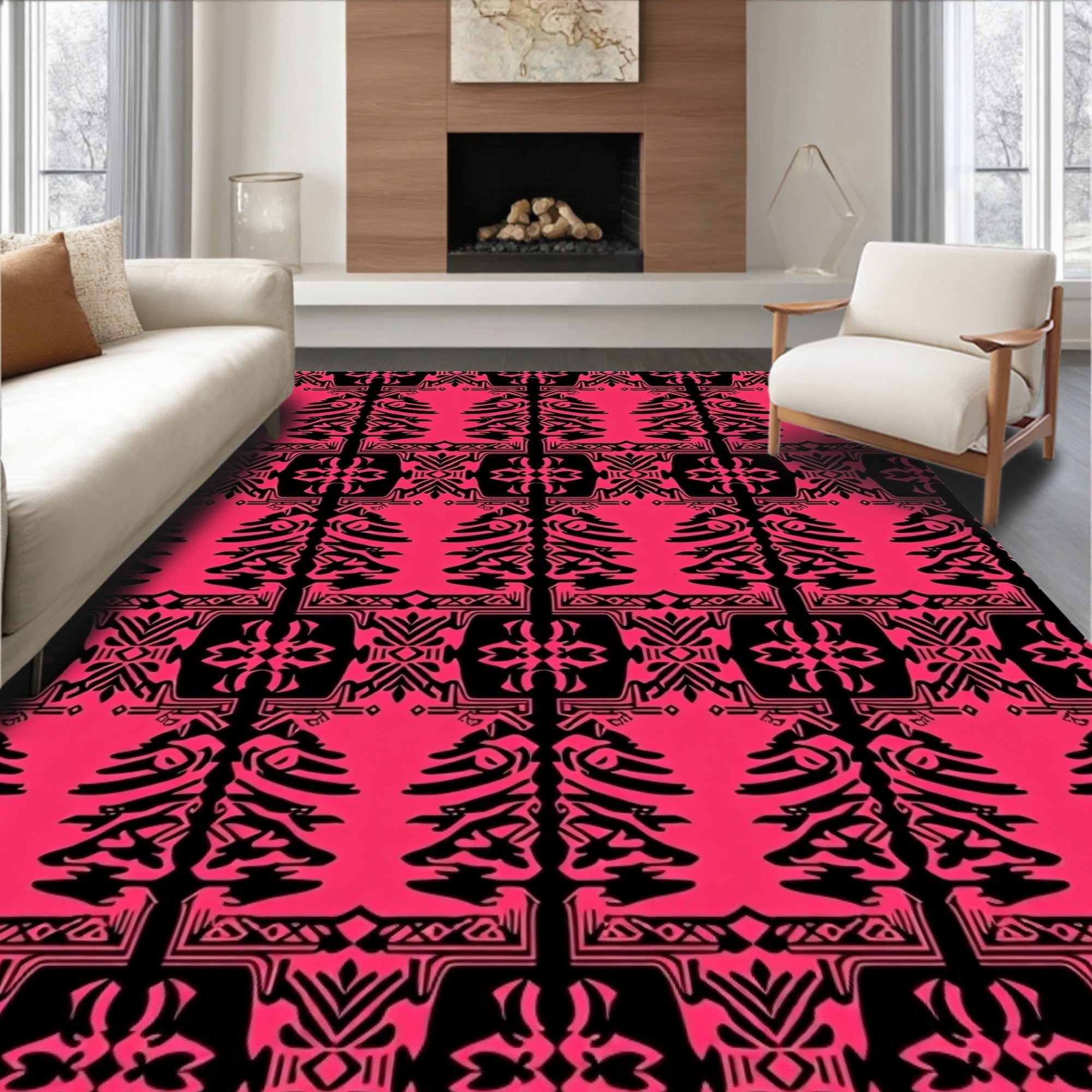 Bold Pink Black Tribal Tree Arrangement Rug