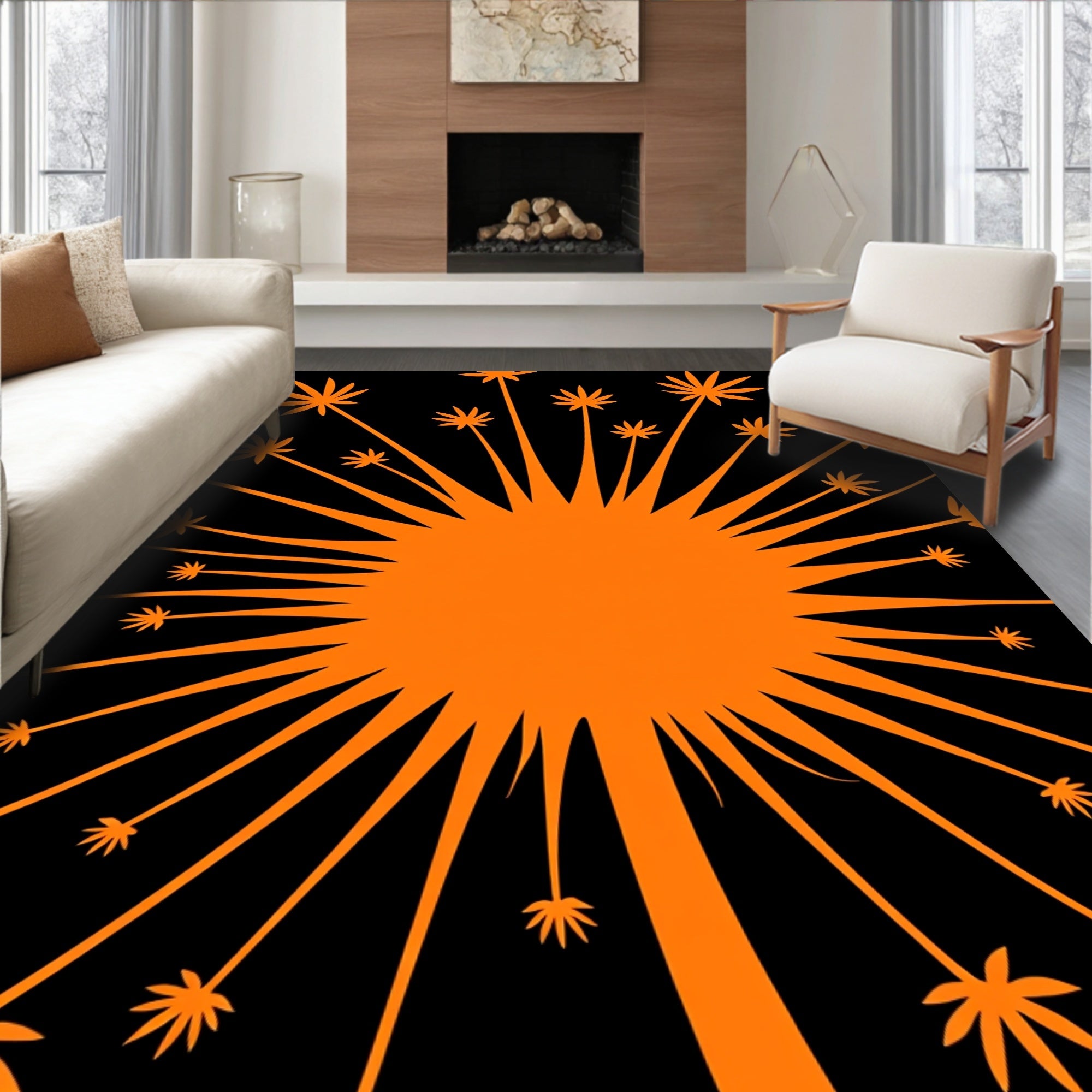 Orange Sunburst Asterburst Flowers Rug