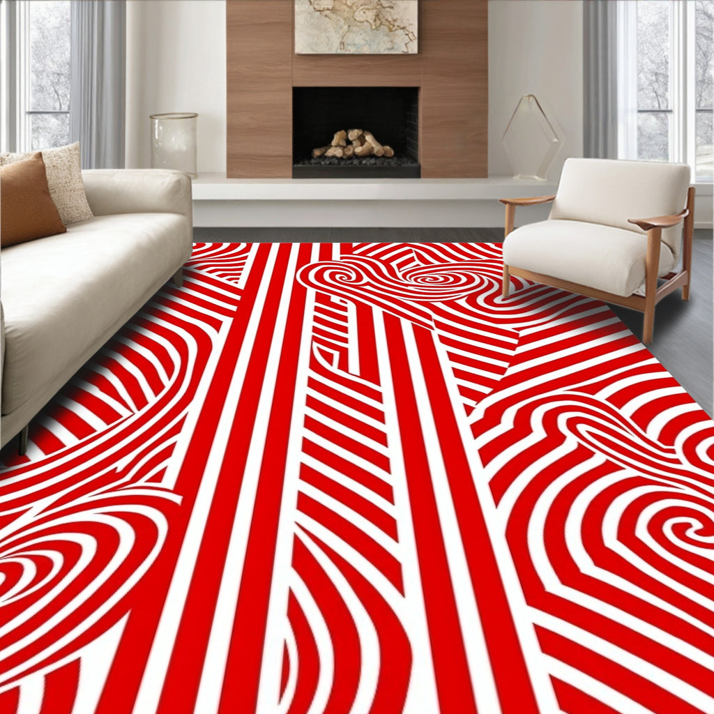 Red White Swirling Stripped Abstract Rug